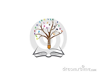 Pencil tree with the alphabet in twigs and write in an open book for logo design Cartoon Illustration