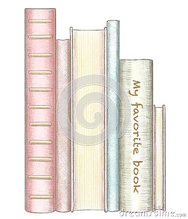 Pencil and watercolor drawing with stack of several standing books Cartoon Illustration