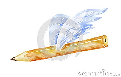 Pencil with wings. Watercolor isolated from the background Stock Photo