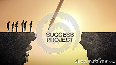 Pencil write `SUCCESS PROJECT`, connecting the cliff. Businessman crossing the cliff, business concept. Pencil write keyword, connecting the cliff. Businessman vector illustration Pencil write `SUCCESS PROJECT`, connecting the cliff. Businessman crossing the cliff, business concept. Pencil write keyword, connecting the cliff. Businessman vector illustration