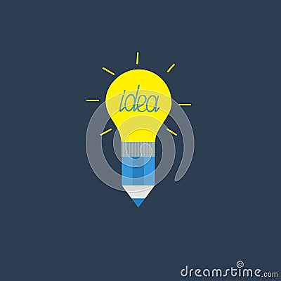 Pencil with yellow shining light bulb lamp Idea concept. Flat design. Vector Illustration