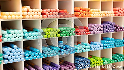 Pencils background with copy space. Colored pencils for professional use on a shelf in a stationery store. Watercolor pencils are Stock Photo