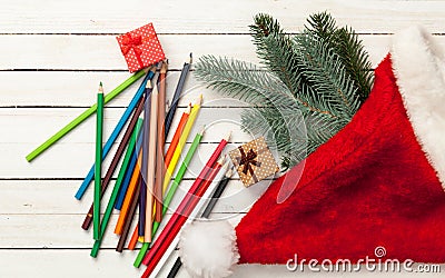 Pencils and christmas gifts Stock Photo