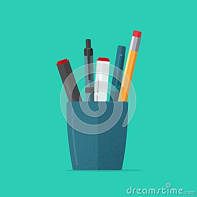 Pencils holder vector illustration or flat cartoon blue glass with stationery pens isolated clipart Vector Illustration