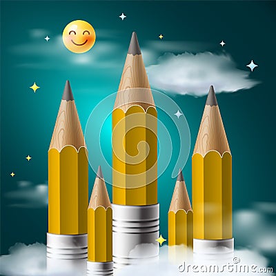 Pencils like buildings with the emoji sun shining on them and clouds, vector image Vector Illustration