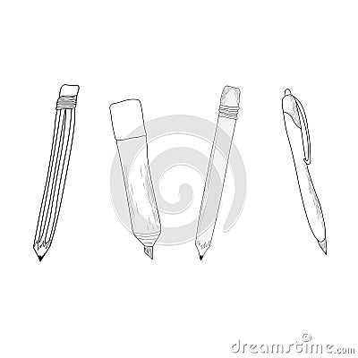 Pencils, pen and marker lineart, contour drawing of stationery for coloring, stationery for school Vector Illustration