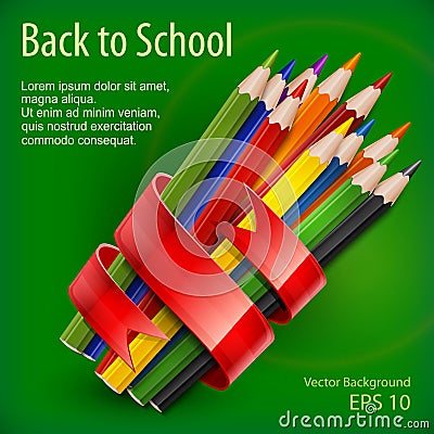 Pencils tied with ribbon on green & text Vector Illustration