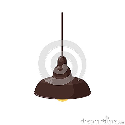 Pendant ceiling lamp. Electric light with suspended metal shade, hanging on cord. Chandelier, home illumination in Vector Illustration