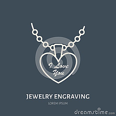 Pendant on chain jewelry illustration. Flat line icon for engraving service, jewellery store logo. Engraved jewels Vector Illustration