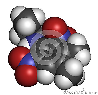 Pendimethalin herbicide molecule. 3D rendering. Atoms are represented as spheres with conventional color coding: hydrogen white. Stock Photo