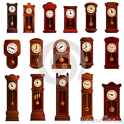 Pendulum clock icons set, cartoon style Vector Illustration