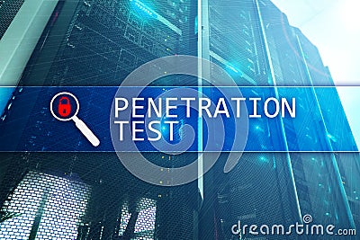 Penetration test. Cybersecurity and data protection. Hacker attack prevention. Futuristic server room on background Stock Photo