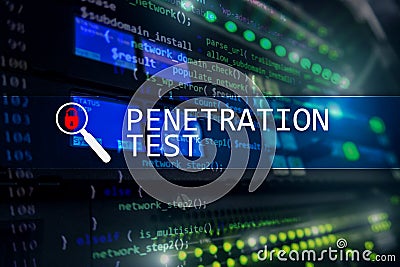 Penetration test. Cybersecurity and data protection. Hacker attack prevention. Futuristic server room on background. Stock Photo