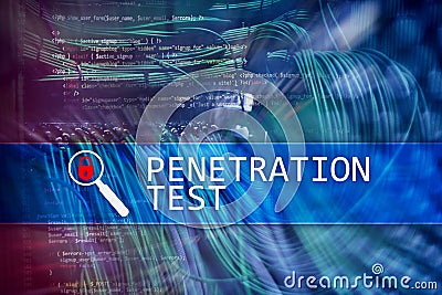 Penetration test. Cybersecurity and data protection. Hacker attack prevention. Futuristic server room on background Stock Photo
