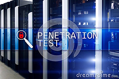 Penetration test. Cybersecurity and data protection. Hacker attack prevention. Futuristic ï¿½server room on background Stock Photo