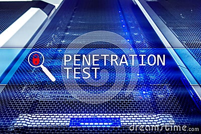 Penetration test. Cybersecurity and data protection. Hacker attack prevention. Futuristic server room on background. Stock Photo