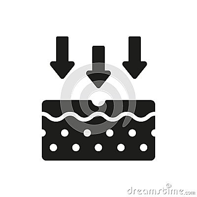 Penetration of UV Ray to Skin Glyph Pictogram. Skin Absorption Silhouette Icon. Arrow Down to Skin Layer Icon. Skin Vector Illustration