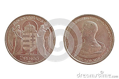 5 Pengo 1943 Miklos Horthy. Coin of Hungary. Obverse Two angels supporting the crowned shield of Hungary. Reverse Stock Photo