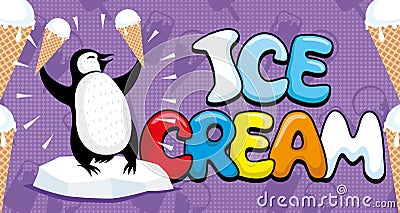 Cheerful penguin with ice cream. Vector Illustration