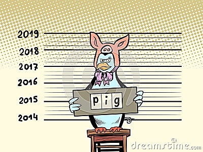 Penguin arrested pretended to be a pig. 2019. happy New Year Vector Illustration