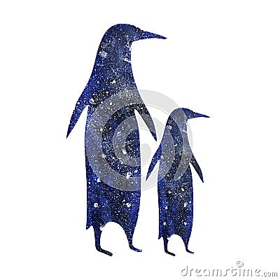 Penguin with baby isolated in white art illustration animals family birds antarctic wild children parents snow love Cartoon Illustration