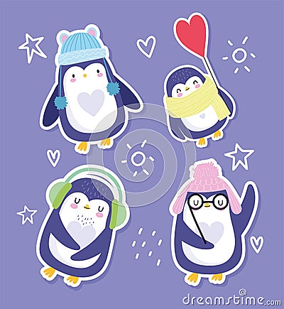 Penguin bird animal cartoon character funny with hats glasses scarf sticker design Vector Illustration