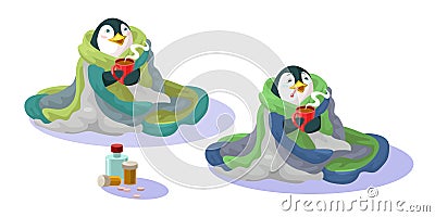 Penguin in a blanket with a mug hot tea and drugs. Recovers for cold Vector Illustration