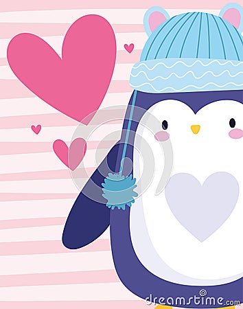 Penguin with blue warm hat bird animal cartoon hearts striped background Vector Illustration