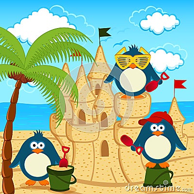 Penguin built sand castle Vector Illustration