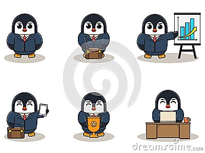 Vector illustration of Cute Penguin businessman set Vector Illustration