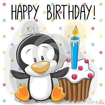 Penguin with cake Vector Illustration