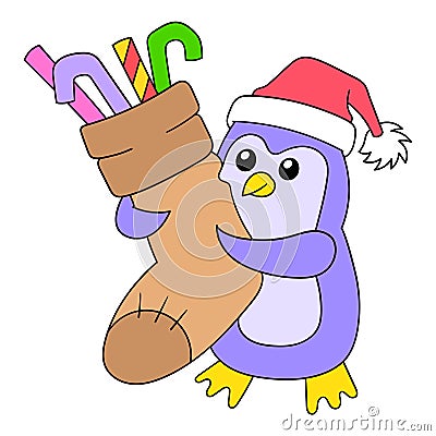 Penguin carrying candy canes for Christmas, doodle icon image kawaii Vector Illustration