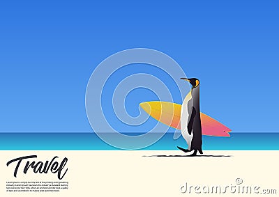 Penguin carrying surfboard and running on white sand beach while on summer vacation. Blue gradient sky background. Vector Illustration