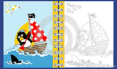 Penguin cartoon on sailboat under shark attack Vector Illustration