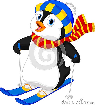 Penguin cartoon skiing Vector Illustration