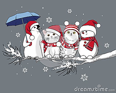Penguin, cat, owl and snowman under the snow in New Year`s costumes Vector Illustration