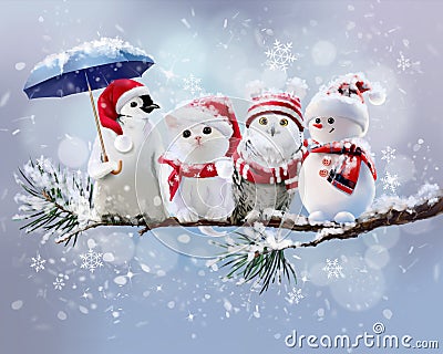 Penguin, cat, owl and snowman under the snow Stock Photo
