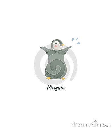 Penguin cheerful child character. Penguin aquatic bird cartoon chubby character, isolated vector illustration. Vector Illustration