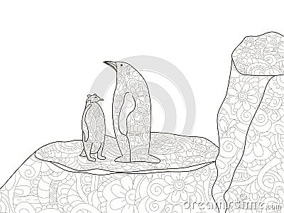 Penguin with a child in Antarctica. Anti stress coloring, raster for adults. Cartoon Illustration