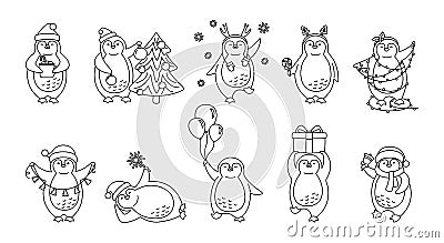 Penguin christmas linear cartoon cute set vector Vector Illustration