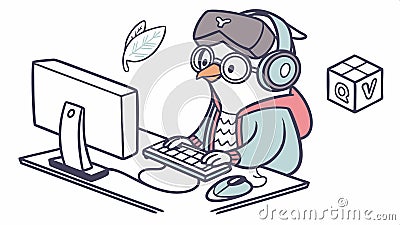 Penguin coding on computer technology bird animal software development cartoon vector design Generative AI Vector Illustration