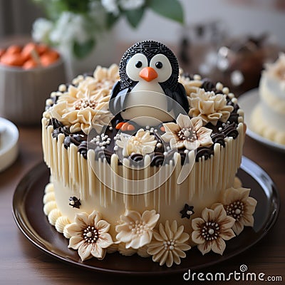 Penguin Decorated Cake: Truffles Face 2d Cake With Comic Cartoon Style Stock Photo