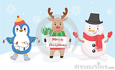 Penguin, deer and snowman on a snowy background Vector Illustration