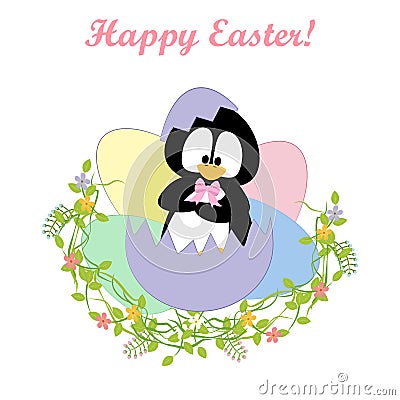 Penguin in easter eggs cute animal vector illustration Vector Illustration