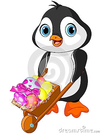 Penguin with Easter wheelbarrow Vector Illustration