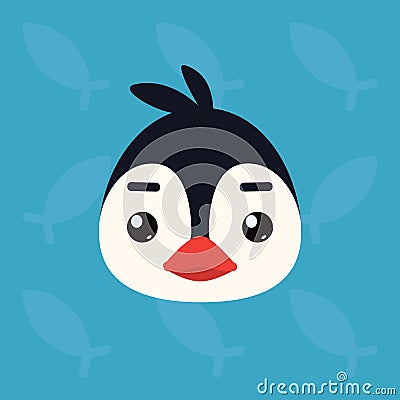 Penguin emotional head. Vector illustration of cute arctic bird shows neutral emotion. Poker face emoji. Smiley icon Vector Illustration