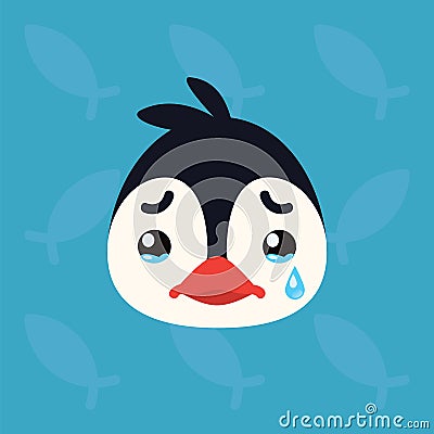 Penguin emotional head. Vector illustration of cute arctic bird shows unhappy emotion. Crying emoji. Smiley icon. Print Vector Illustration