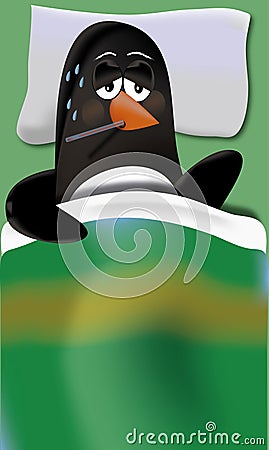 PENGUIN With fever and gripe in bed Stock Photo
