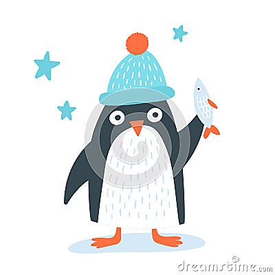 Penguin with the fish Vector Illustration