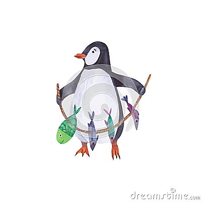 Penguin and fish watercolor illustration isolated on white background. Northern sea element. Cartoon Illustration